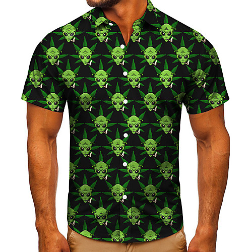 

Men's Shirt 3D Print Graphic Prints Alien Button-Down Short Sleeve Street Tops Casual Fashion Classic Breathable Green