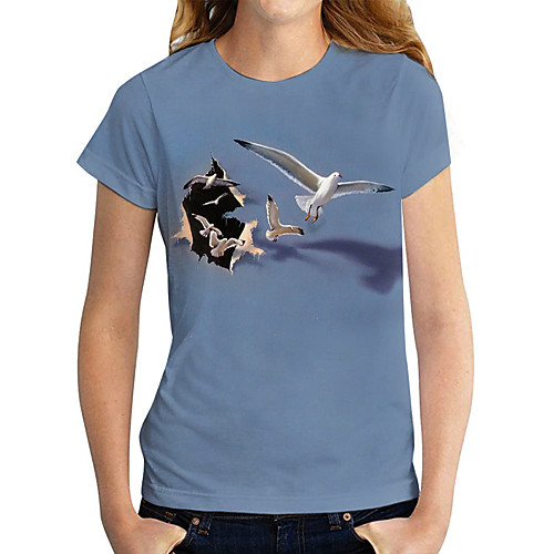 

Women's 3D Printed Painting T shirt 3D Bird Print Round Neck Basic Tops Blue
