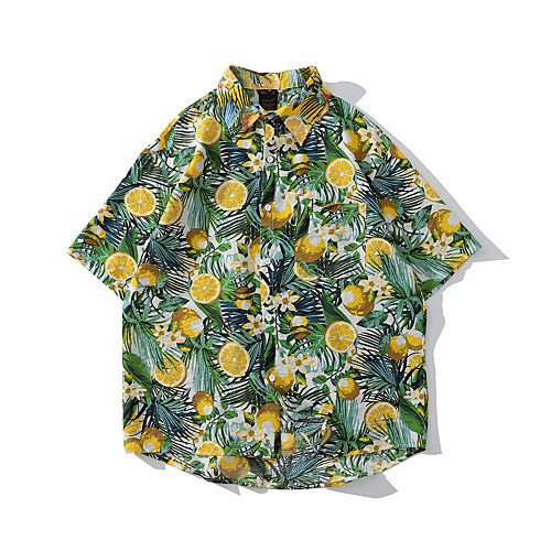 

Men's Shirt Other Prints Graphic Button-Down Print Short Sleeve Casual Tops 100% Cotton Basic Hawaiian Distressed White Yellow