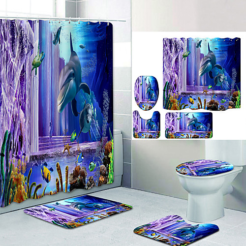 

Underwater World Series Digital Printing Four-piece Set Shower Curtains and Hooks Modern Polyester Machine Made Waterproof Bathroom