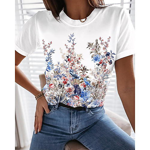 

Women's Floral Theme Painting T shirt Floral Flower Print Round Neck Basic Tops White