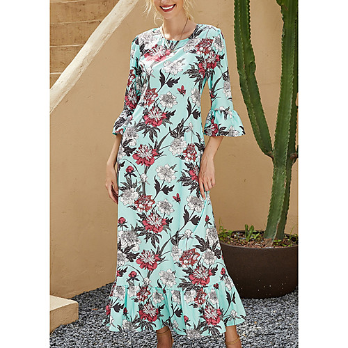 

Women's A Line Dress Maxi long Dress Green Short Sleeve Floral Color Block Patchwork Print Fall Summer Round Neck Casual 2021 S M L XL