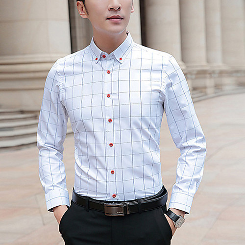 

Men's Shirt non-printing Lattice Long Sleeve Casual Tops Business Formal Casual White Wine Royal Blue