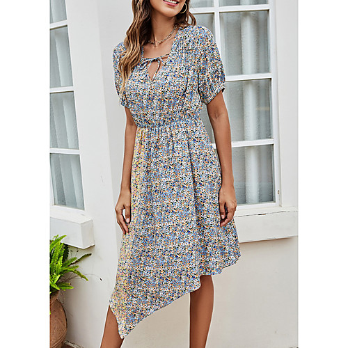 

Women's A Line Dress Knee Length Dress Blue Short Sleeve Print Patchwork Print Spring Summer V Neck Casual 2021 S M L XL