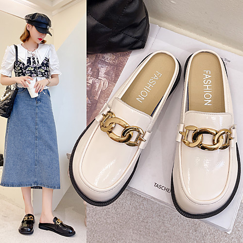 

Women's Sandals Flat Heel Round Toe PU Button Solid Colored Black Beige