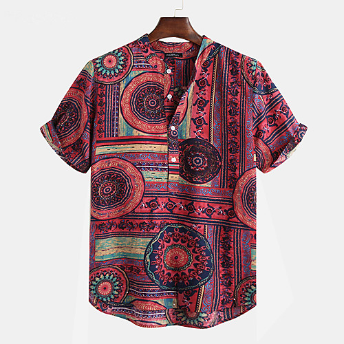 

Men's Shirt Tribal Button-Down Short Sleeve Casual Tops 100% Cotton Lightweight Casual Fashion Breathable Red Yellow Green