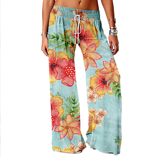 

Women's Basic Soft Comfort Daily Home Wide Leg Pants Flower / Floral Full Length Elastic Drawstring Design Print Blue Purple
