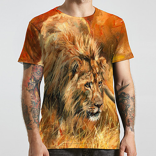 

Men's Unisex Tee T shirt 3D Print Graphic Prints Lion Animal Plus Size Print Short Sleeve Casual Tops Fashion Designer Big and Tall Yellow