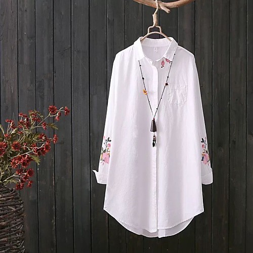 

Women's Coat Casual / Daily Spring & Summer Long Coat Shirt Collar Regular Fit Casual Jacket Flower Others White / Cotton