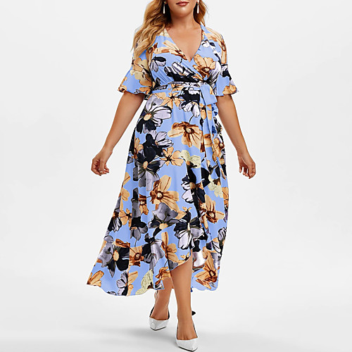 

Women's Plus Size Dress Swing Dress Maxi long Dress Half Sleeve Floral Graphic Drawstring Ruffle Hot V Neck Spring Summer Blue Blushing Pink Black L XL XXL XXXL 4XL