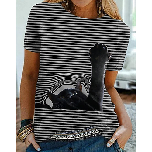 

Women's 3D Cat T shirt Striped Cat 3D Print Round Neck Basic Tops Gray