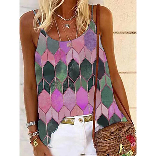 

Women's Holiday Bohemian Theme Camisole Blouse Tank Top Color Block Geometric Print U Neck Streetwear Boho Tops Blue Purple Red