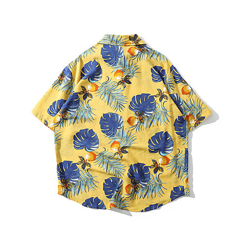 

Men's Shirt Other Prints Tropical Button-Down Print Short Sleeve Casual Tops 100% Cotton Casual Tropical White Blue Yellow