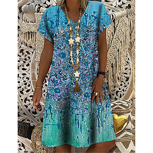 

Women's T Shirt Dress Tee Dress Knee Length Dress Blue Short Sleeve Floral Print Print Spring Summer V Neck Casual Holiday 2021 S M L XL XXL 3XL