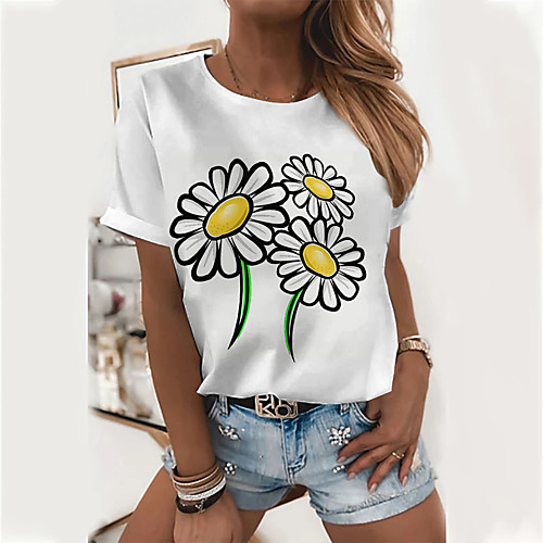 

Women's Floral Theme T shirt Floral Daisy Print Round Neck Basic Tops White Yellow