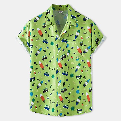 

Men's Shirt Other Prints Graphic Print Short Sleeve Casual Tops Hawaiian Classic Collar Light Green / Summer / Beach