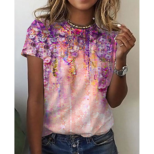 

Women's Floral Theme T shirt Floral Graphic Print Round Neck Basic Tops Purple
