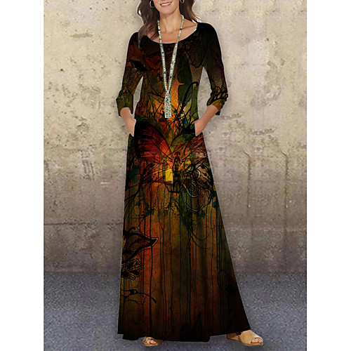 

Women's Shift Dress Maxi long Dress Black 3/4 Length Sleeve Print Animal Print Spring Summer Round Neck Casual Holiday 2021 S M L XL XXL 3XL