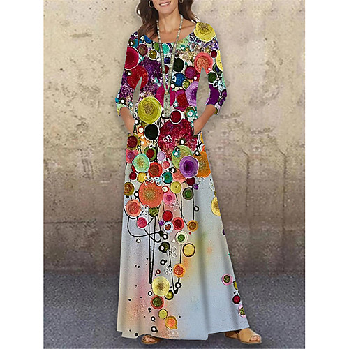 

Women's Shift Dress Maxi long Dress Rainbow 3/4 Length Sleeve Floral Print Print Spring Summer Round Neck Casual Holiday 2021 S M L XL XXL 3XL