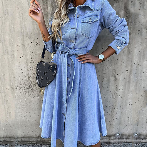 

Women's Denim Dress Midi Dress Light Blue Long Sleeve Solid Color Patchwork Button Spring Summer Shirt Collar Casual Holiday 2021 S M L XL / Cotton / Cotton