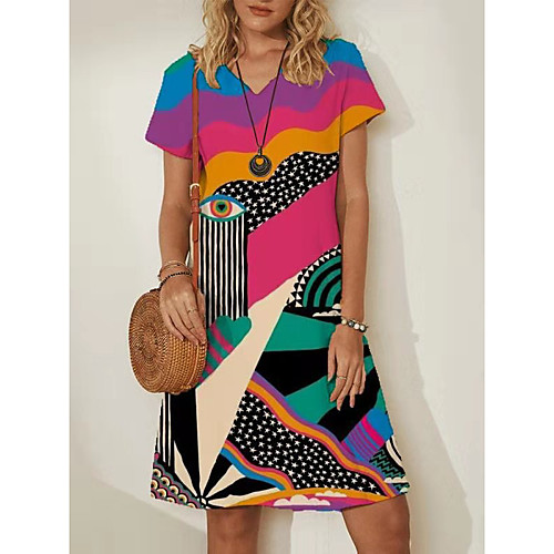 

Women's T Shirt Dress Tee Dress Knee Length Dress Blue Rainbow Black Red Short Sleeve Color Block Summer V Neck Casual Holiday 2021 M L XL XXL 3XL 4XL 5XL