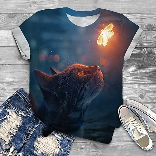

Women's Plus Size Tops T shirt Cat Graphic Print Short Sleeve Crewneck Basic Navy Blue Big Size XL XXL 3XL 4XL 5XL / Loose
