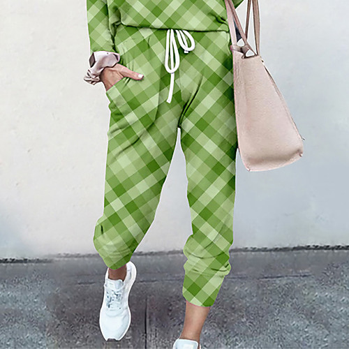 

Women's Basic Soft Comfort Going out Gym Palazzo Pants Plaid Checkered Color Block Full Length Pocket Elastic Drawstring Design Print Purple Green