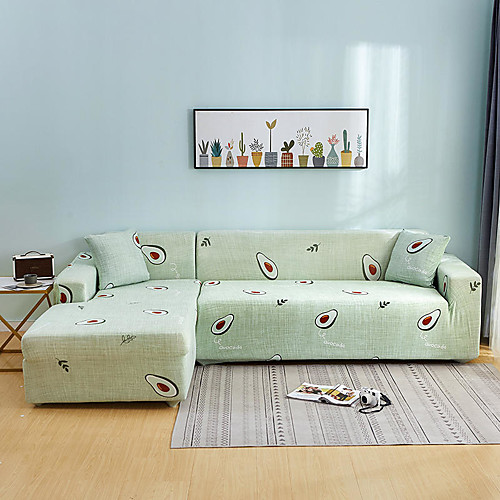 

Green Fruit Print Dustproof All-powerful Slipcovers Stretch L Shape Sofa Cover Super Soft Fabric Couch Cover Sofa Furniture Protector with One Free Boster Case