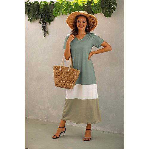 

LITB Basic Women's Stitching ColorDress Maxi Long Dress Short Sleeve Daily V Neck