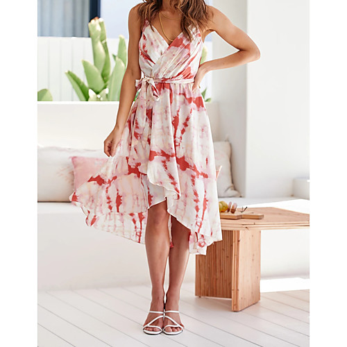 

2021 european and american cross-border spring and summer new gradient color printing waist strap sling mid-length dress 8323