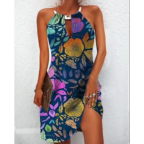 

Women's Sheath Dress Knee Length Dress Blue Purple Yellow Green Sleeveless Print Print Summer Round Neck Casual 2021 S M L XL XXL 3XL