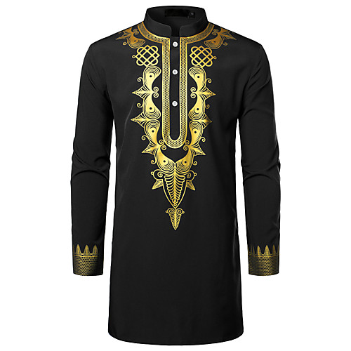 

Men's Shirt Tribal Print Long Sleeve Party Tops Basic Streetwear Round Neck Green White Black