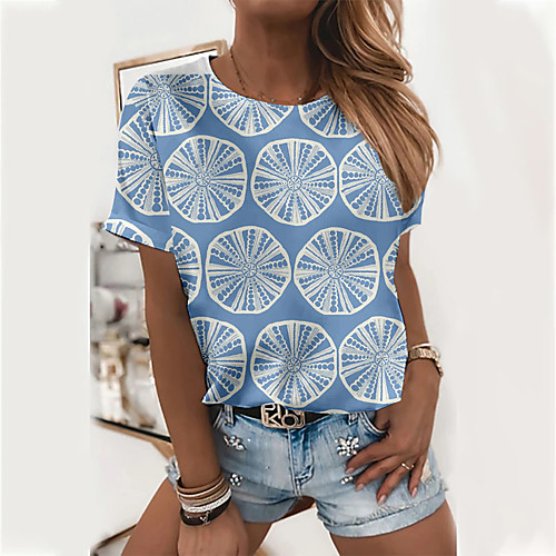 

Women's Geometric T shirt Graphic Geometric Print Round Neck Basic Tops Blue