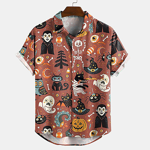 

Men's Shirt Halloween Button-Down Short Sleeve Casual Tops Lightweight Casual Fashion Breathable Green Orange Brown