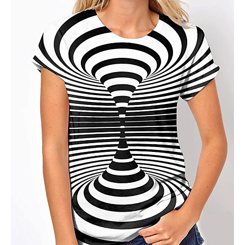 

Women's 3D Printed T shirt Optical Illusion Geometric Print Round Neck Basic Tops White