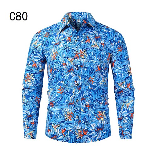 

Men's Shirt Other Prints Leaves Long Sleeve Casual Tops Chinoiserie Light Blue