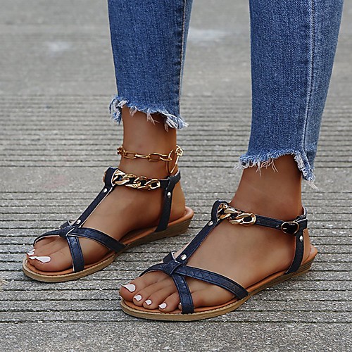 

Women's Sandals Flat Heel Open Toe PU Solid Colored Black Blue Coffee
