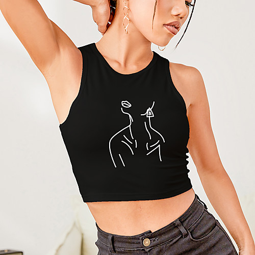 

Women's Crop Top Tank Top Vest Portrait Print Round Neck Basic Sexy Tops Slim White Blushing Pink Black