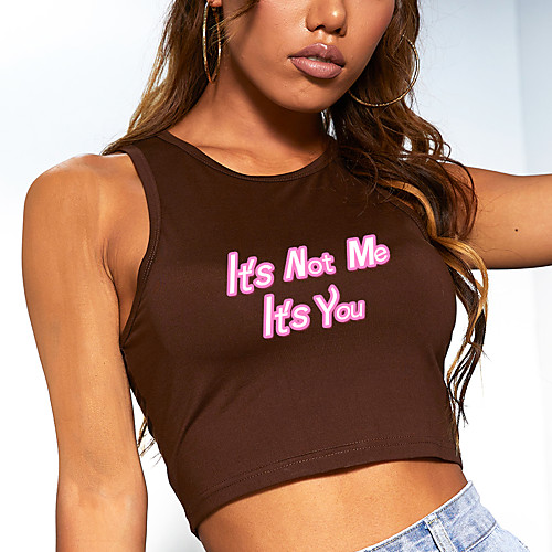 

Women's Crop Top Tank Top Vest Letter Print Round Neck Basic Sexy Tops Slim White Black Blushing Pink
