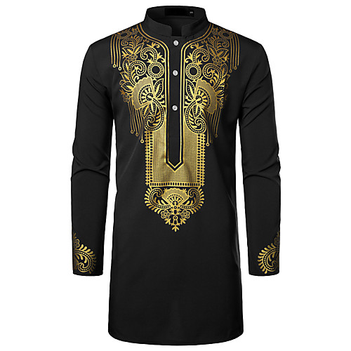 

Men's Shirt Tribal Print Long Sleeve Party Tops Basic Streetwear Round Neck Royal Blue White Black