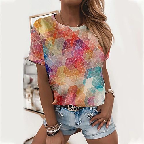 

Women's 3D Printed Geometric T shirt Color Block Geometric Print Round Neck Basic Tops Red