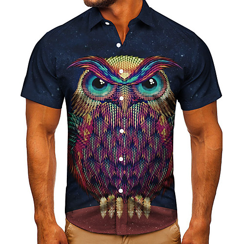 

Men's Shirt 3D Print Graphic Prints Owl Button-Down Short Sleeve Street Tops Casual Fashion Classic Breathable Navy Blue