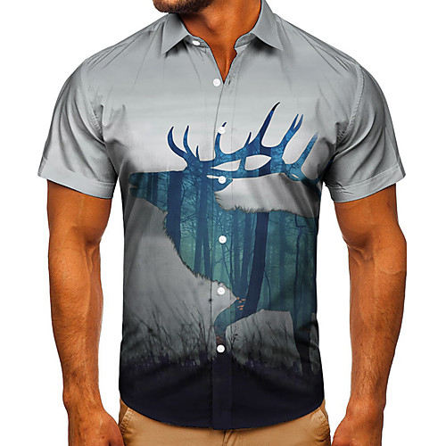 

Men's Shirt 3D Print Graphic Prints Deer Button-Down Short Sleeve Street Tops Casual Fashion Classic Breathable Gray