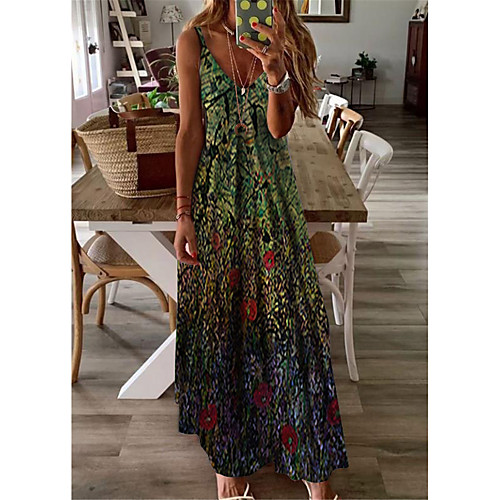 

Women's A Line Dress Maxi long Dress Green Sleeveless Floral Print Print Spring Summer V Neck Casual Holiday 2021 S M L XL XXL 3XL