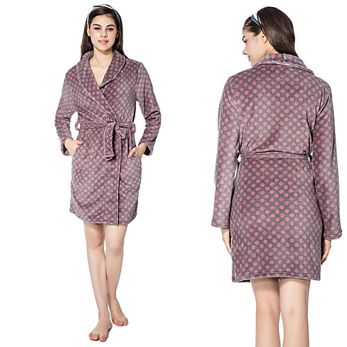 

Flannel Medium Length Bathrobe for Women with Red Spots Pattern for Warmth and Comfort Homewear