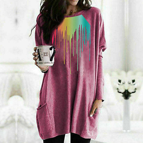 

Women's T shirt Dress Color Gradient Graphic Long Sleeve Pocket Round Neck Tops Basic Basic Top White Black Fuchsia