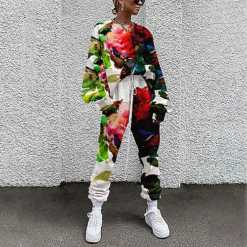 

Women's Basic Streetwear Floral Vacation Casual / Daily Two Piece Set Crew Neck Tracksuit T shirt Pant Loungewear Drawstring Print Tops / Loose