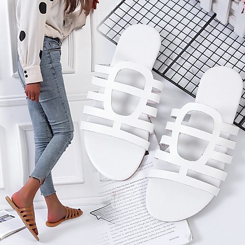 

Women's Sandals Outdoor Slippers Flat Heel Round Toe PU Flower Solid Colored White Black Khaki