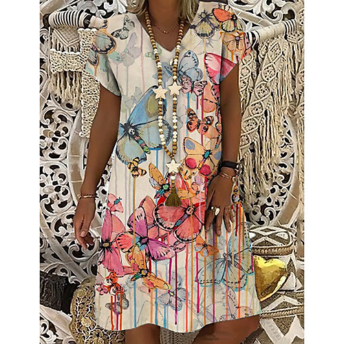 

Women's T Shirt Dress Tee Dress Knee Length Dress Blushing Pink Short Sleeve Butterfly Animal Print Spring Summer V Neck Casual Holiday 2021 S M L XL XXL 3XL