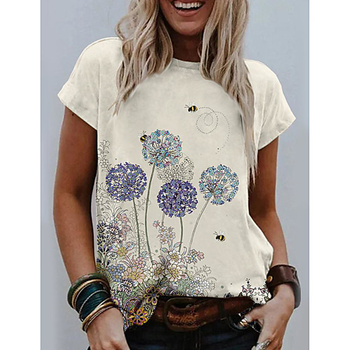 

Women's Floral Theme Painting T shirt Floral Graphic Dandelion Print Round Neck Basic Tops White